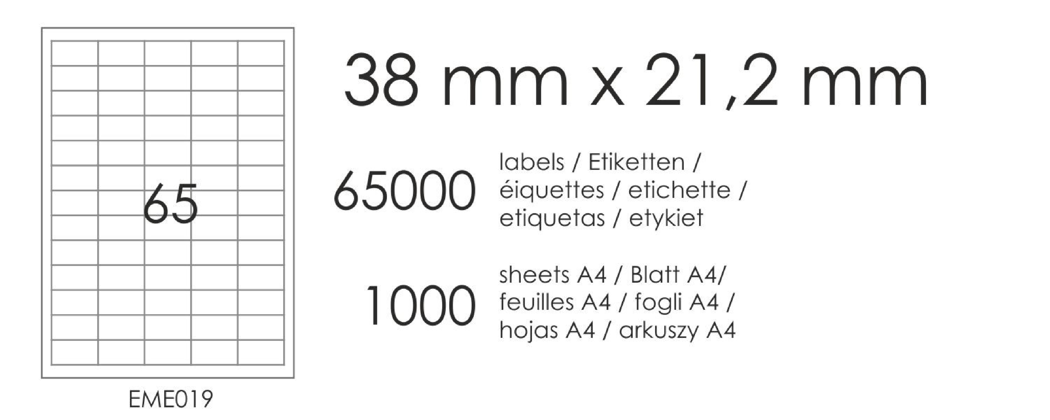 Etykiety samoprzylepne EME19 38x21,2 (65) 1000A4 Etykiety samoprzylepne EME19 38x21,2 (65) 1000A4