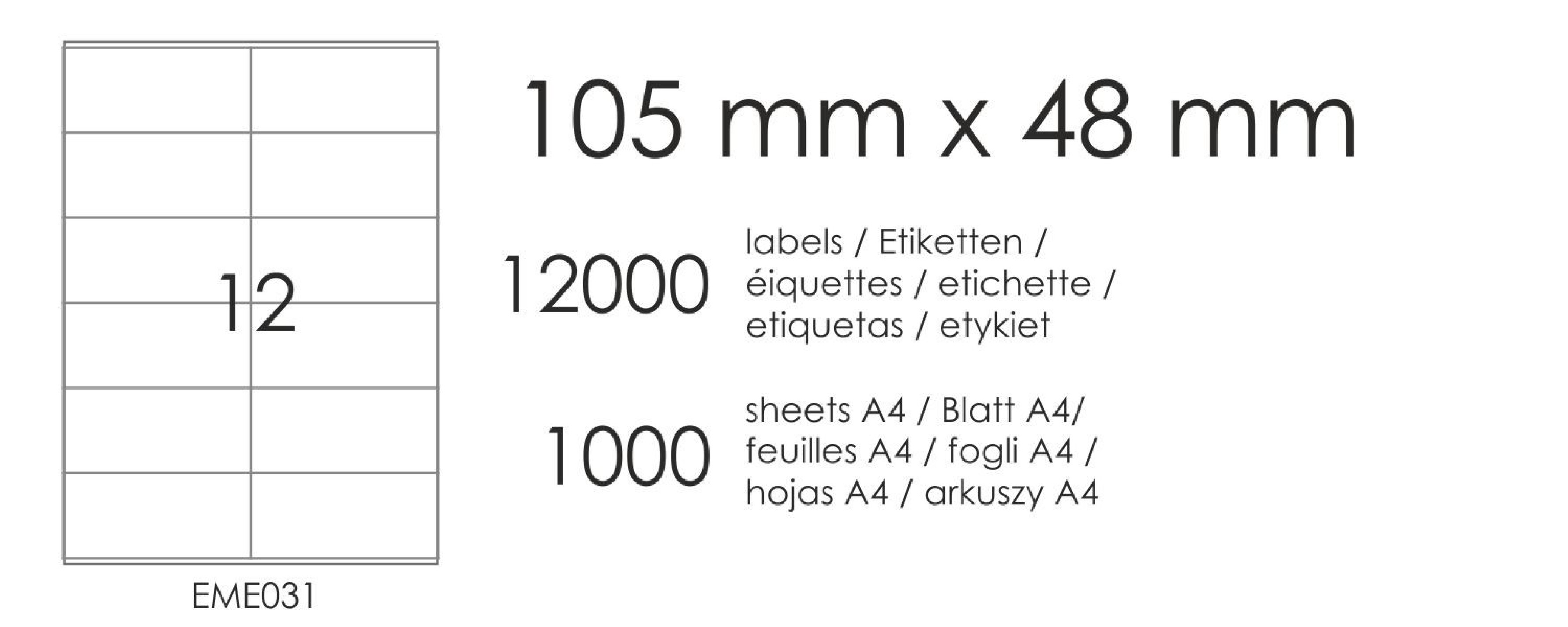 Étiquettes autocollantes EME31 105x48 (12) - 1000 feuilles A4 Étiquettes autocollantes EME31 105x48 (12) - 1000 feuilles A4