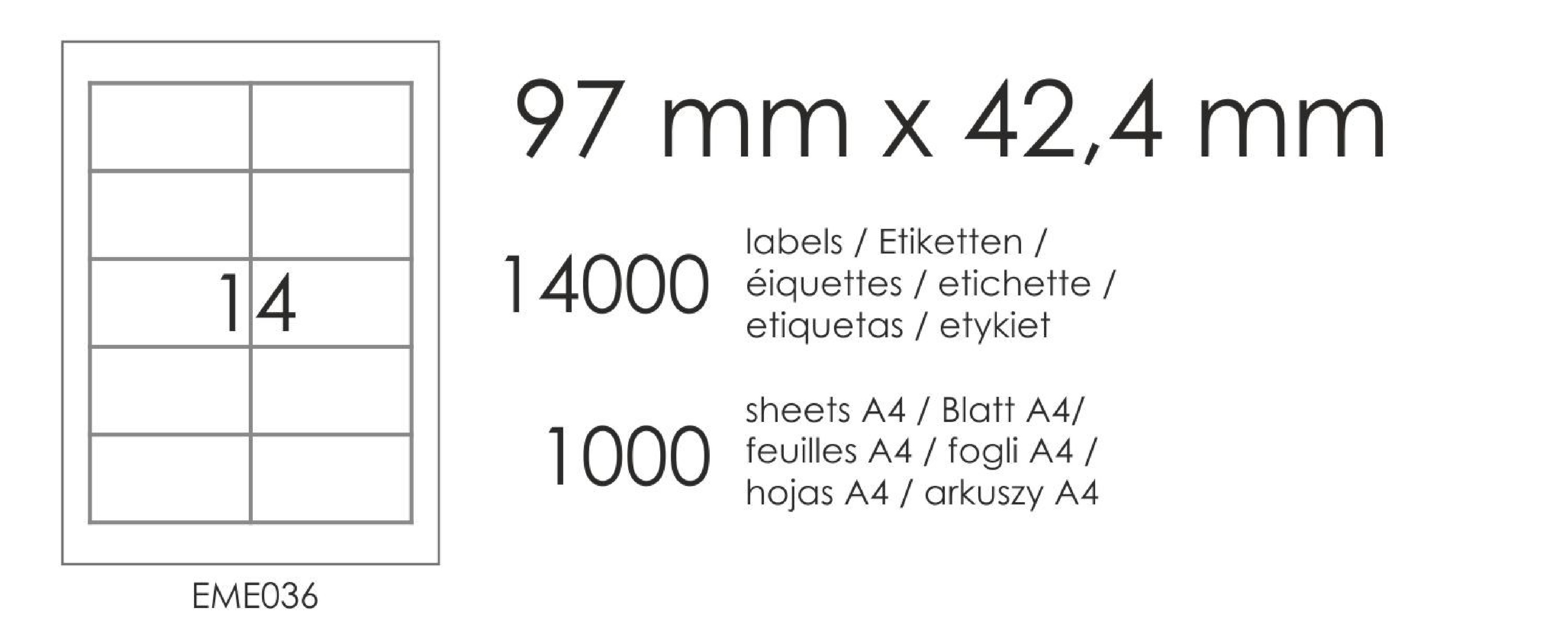 Étiquettes autocollantes EME36 97x42,4 (14) - 1000 feuilles A4 Étiquettes autocollantes EME36 97x42,4 (14) - 1000 feuilles A4