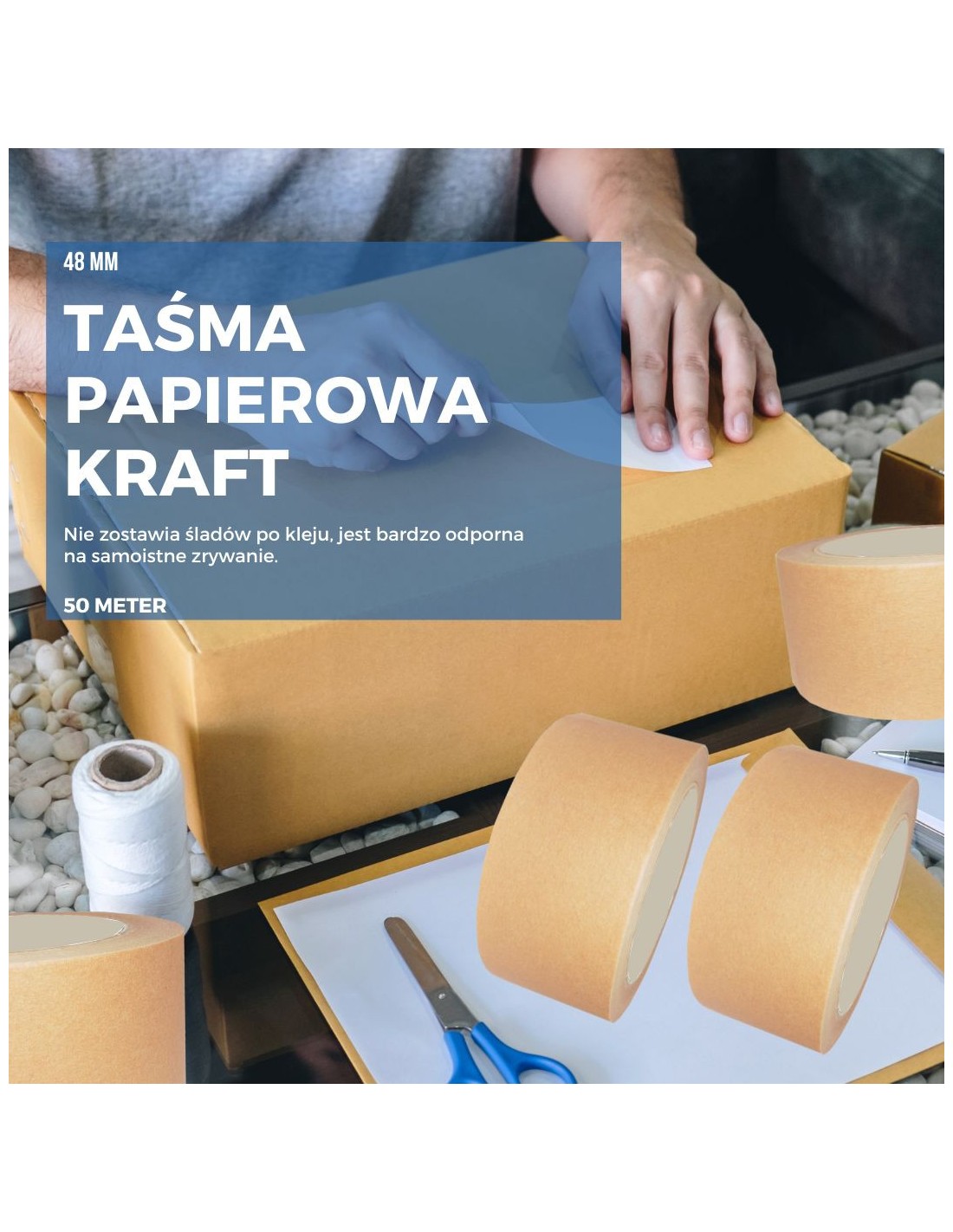 Taśma papierowa Kraft hotmelt brązowa 48x50yd Taśma papierowa Kraft hotmelt brązowa 48x50yd